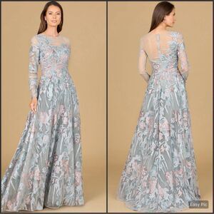 NWT LARA Illusion Neck Long Sleeve Ballgown Dress Gown Slate Size 10